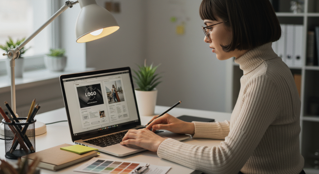 Freelancer designing personal brand on laptop with portfolio and logo