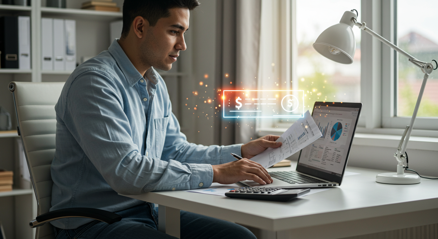 Freelancer reviewing salary and tax options on laptop with calculator on desk