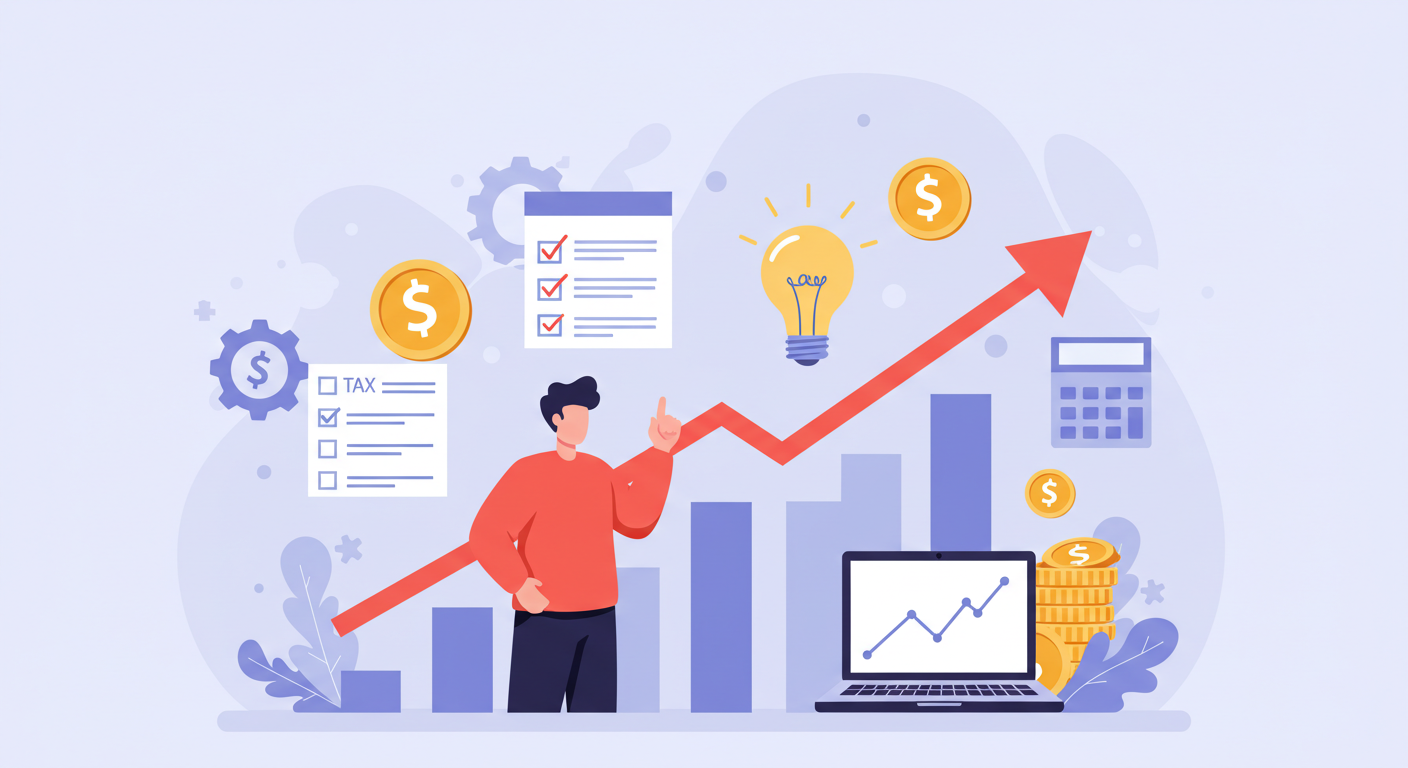Freelancer scaling personal brand with digital tools and upward chart representing business growth