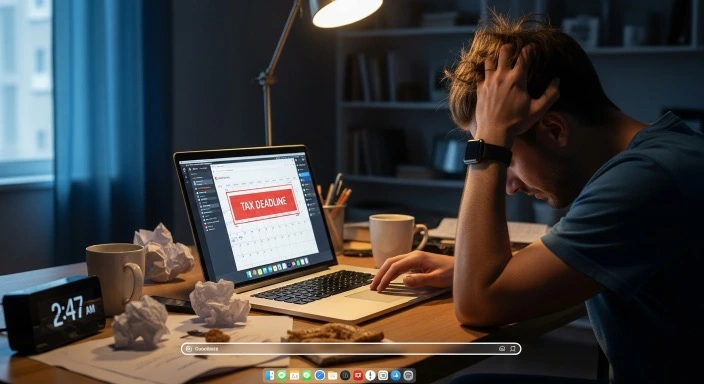 Freelancer checking a missed tax deadline on their calendar and laptop