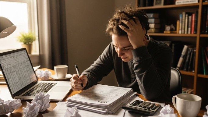 Freelancer reviewing IRS penalty notice and tax forms at desk