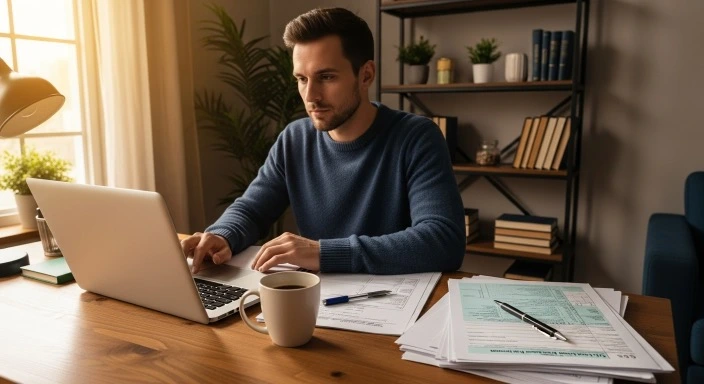 Freelancer working from a home office with a laptop and tax forms on the desk