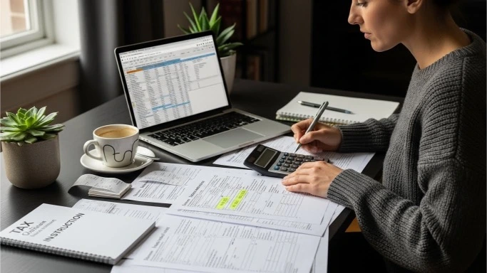 “Freelancer learning freelance taxes 101 with calculator and laptop.